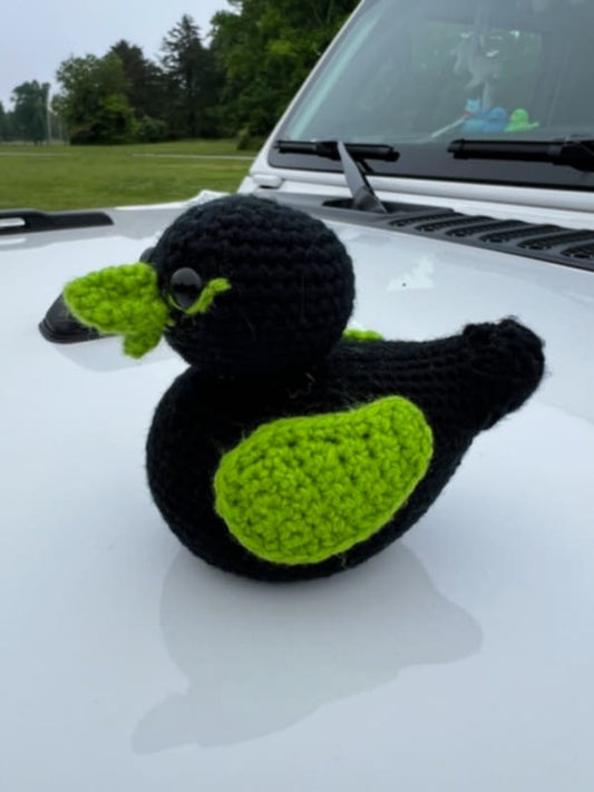 Handmade Crochet Rubber Duck - Black w/ Lime Accents - 4"