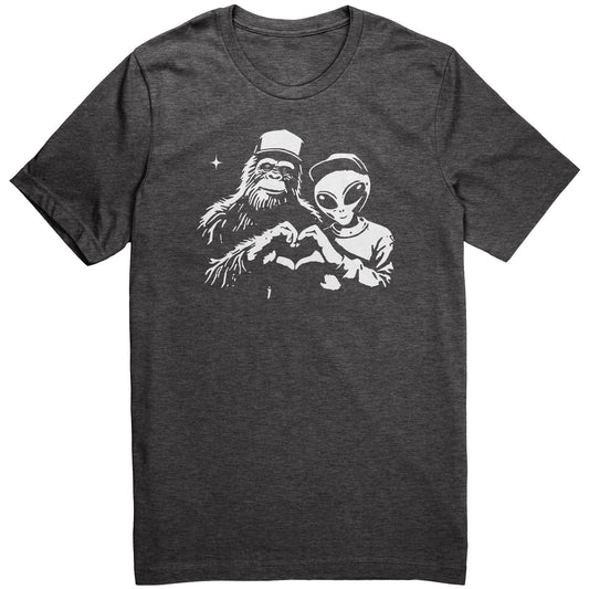 Bigfoot & Alien Heart Hands Love Unisex T-Shirt