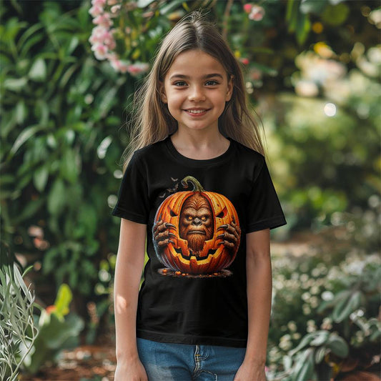 Bigfoot Peeking Through Pumpkin Halloween Youth Unisex T-Shirt