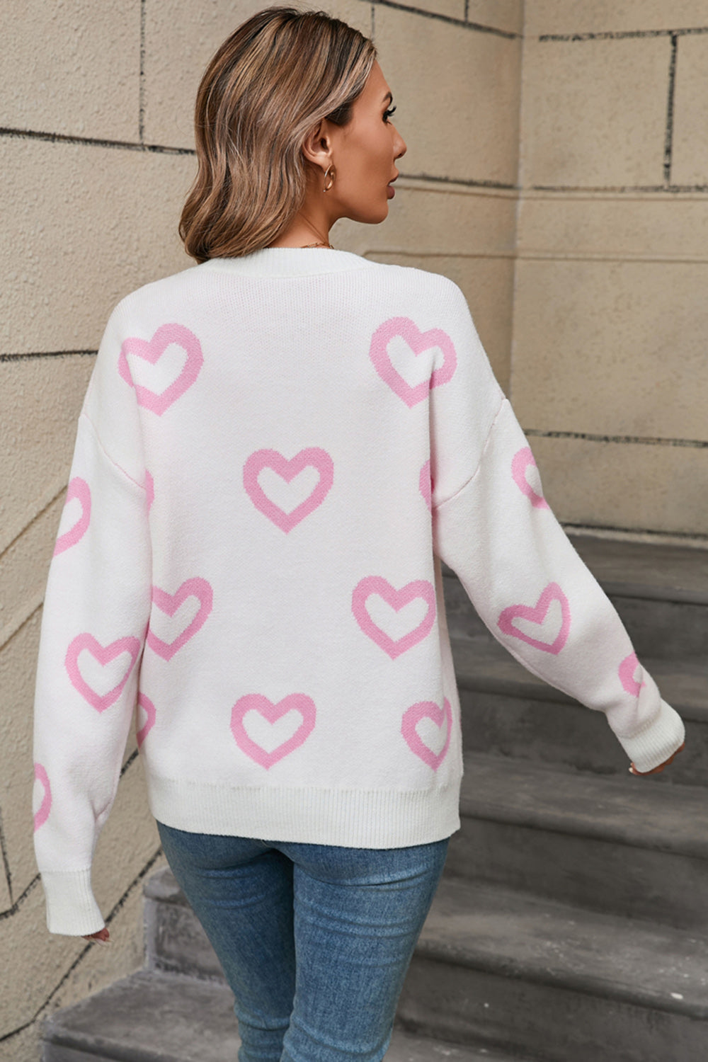 Angel Wings Heart Round Neck Dropped Shoulder Long Sleeve Sweater