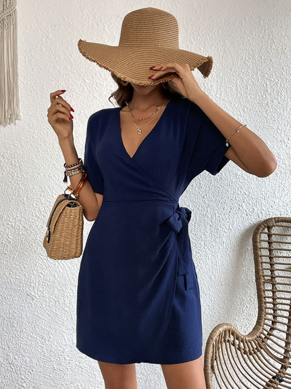 Tied Cuffed Sleeve Surplice Dress