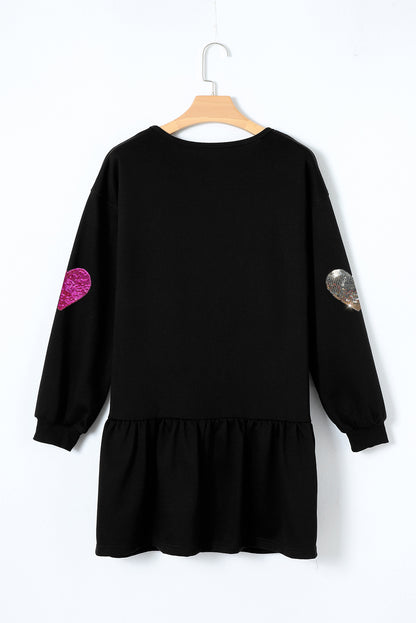 Sequin Heart Round Neck Long Sleeve Mini Dress