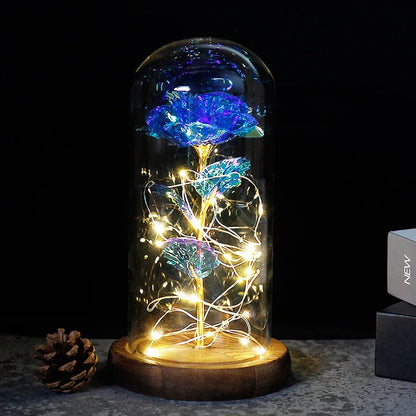 Blue Glass Rose with LED Lights in Glass Dome