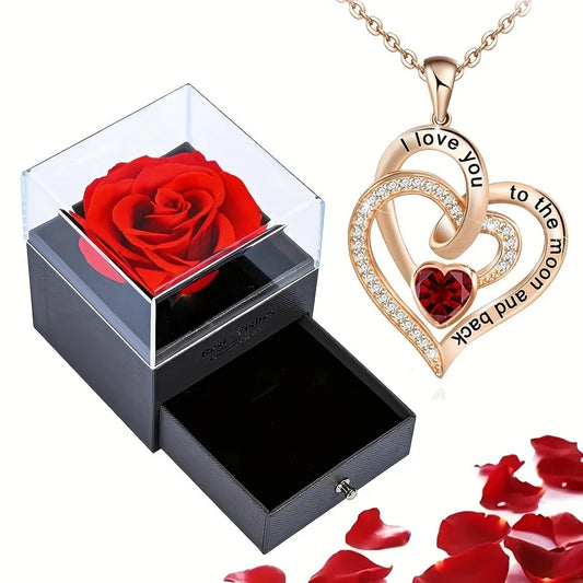 I Love You To The Moon & Back Heart Necklace with Rose Display Box
