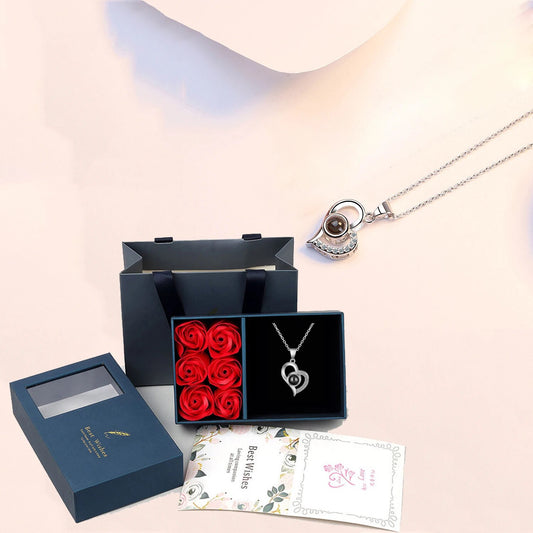 100 Languages - I Love You Projection Heart Necklace with Rose Display Box