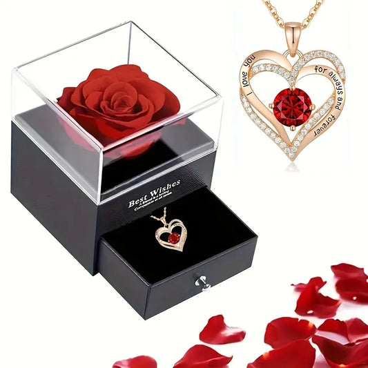 I Love You For Always and Forever Heart Necklace with Rose Display Box