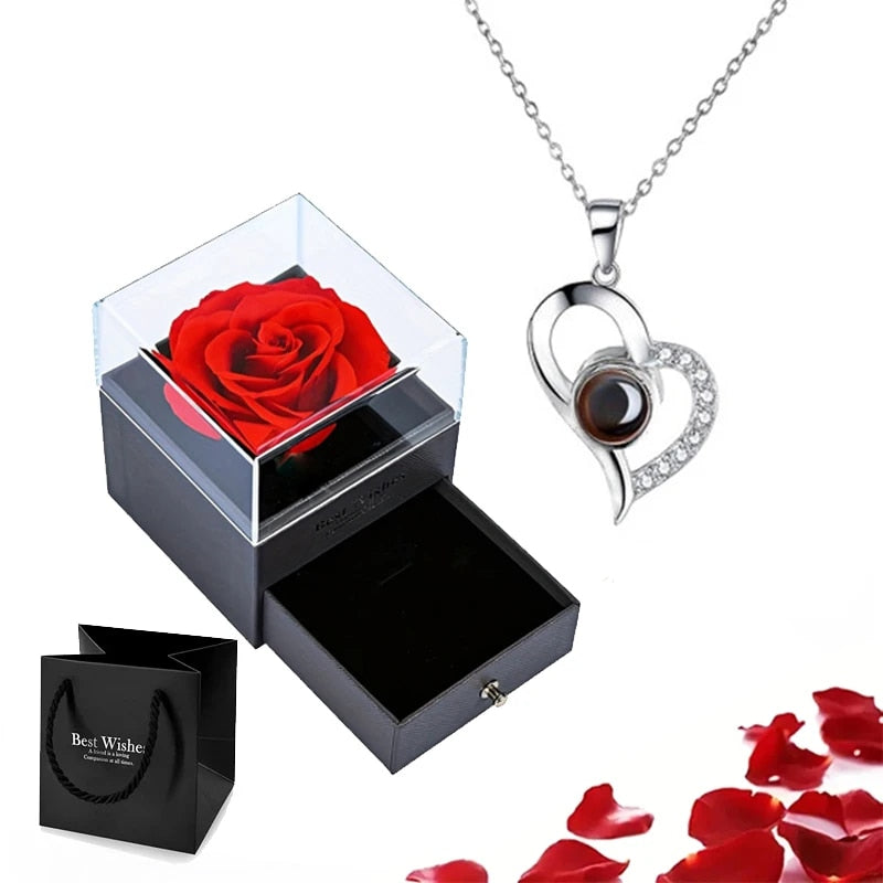 100 Languages - I Love You Projection Heart Necklace with Rose Display Box