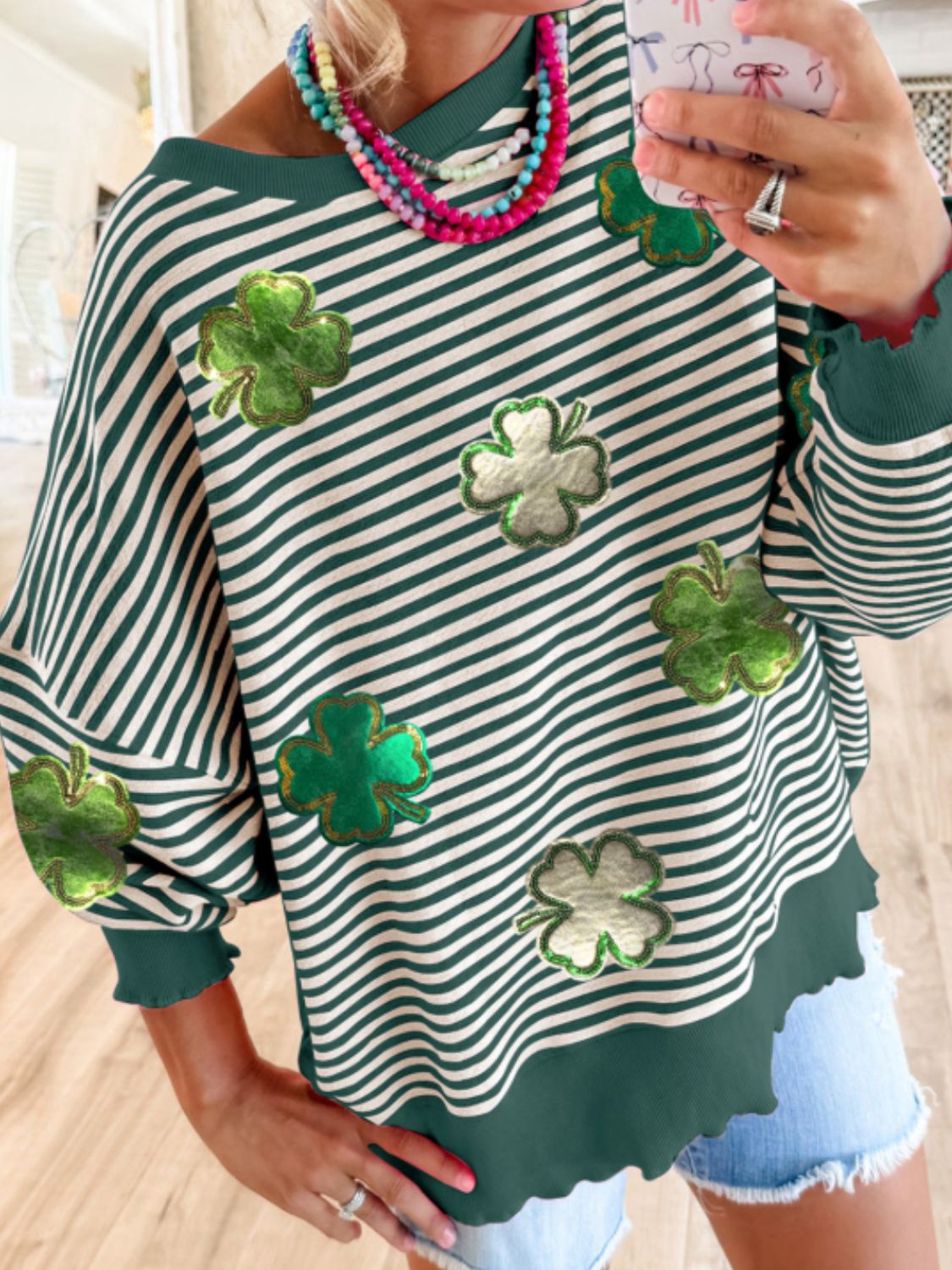 Stripe Lucky Clover Drop Shoulder Sweatshirt