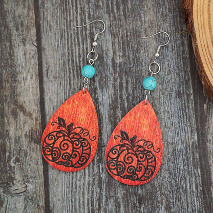 Turquoise Wooden Pumpkin Teardrop Earrings