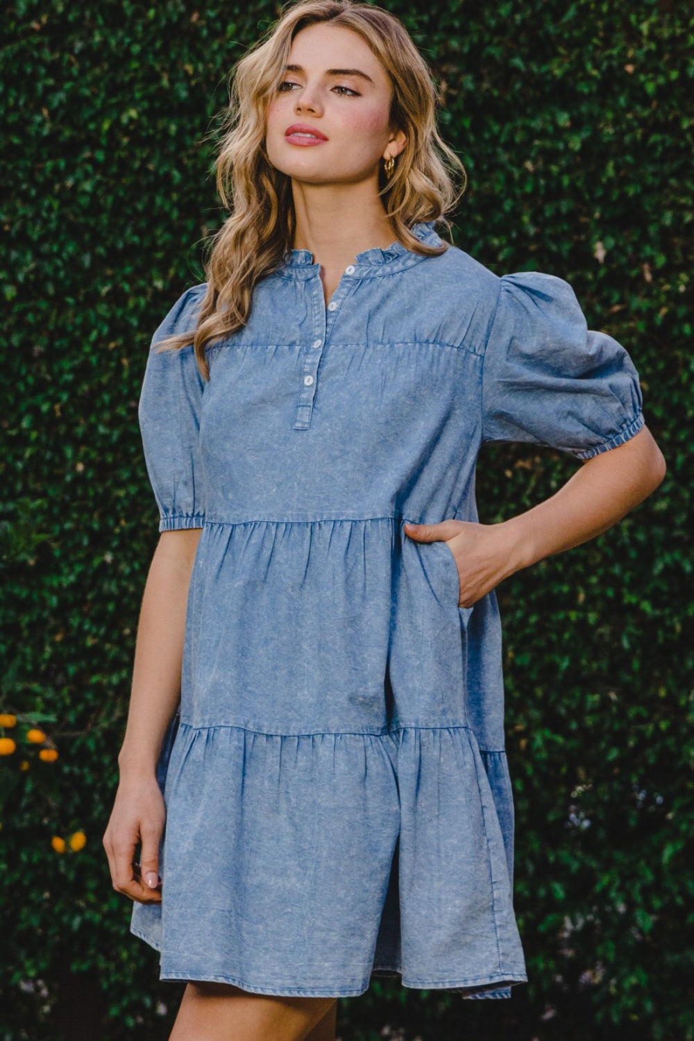 ODDI Washed Tiered Mini Denim Dress