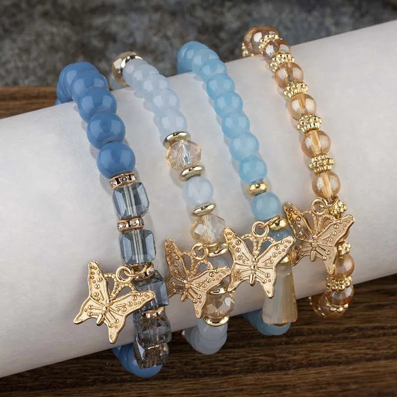 4-Piece Bohemian Butterfly Charm Bracelet Set – Crystal Beads & Stylish Layered Design