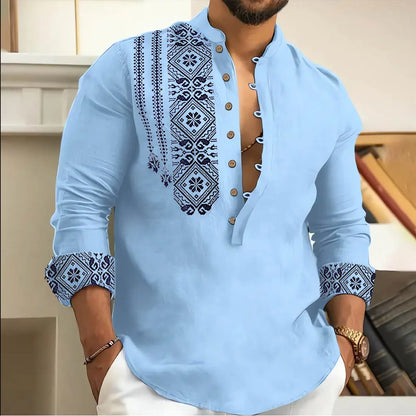 Casual Men Long Sleeve Button-Down Shirt Blouse Loose Henley V-Neck Beach Tops