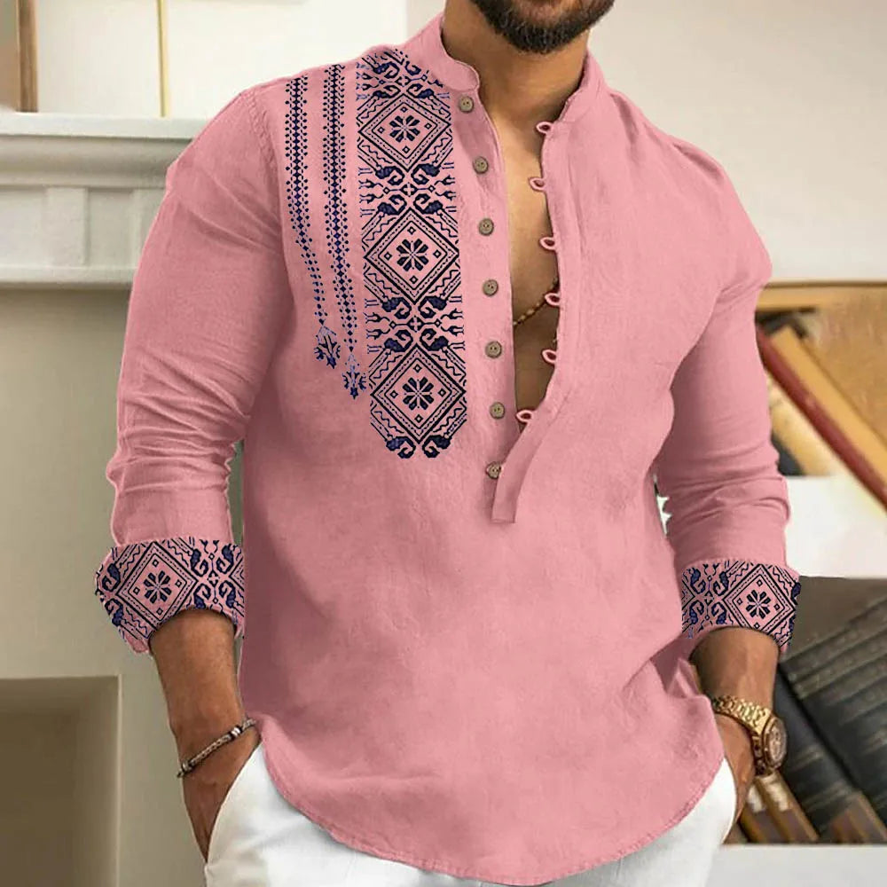 Casual Men Long Sleeve Button-Down Shirt Blouse Loose Henley V-Neck Beach Tops