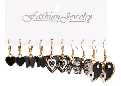 5-Piece Gold Earring Set with Black Butterflies & Hearts – Elegant and Stylish Charm Collection