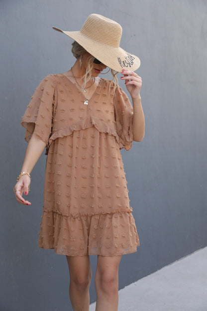 Swiss Dot V-Neck Flutter Sleeve Mini Dress