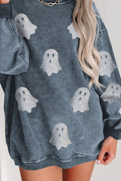 Glitter Ghost Round Neck Long Sleeve Sweatshirt