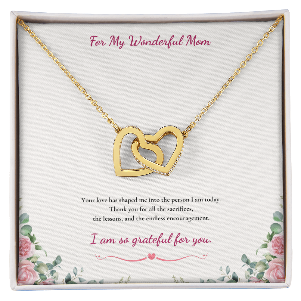 For My Wonderful Mom Interlocking Heart Necklace - White or Yellow Gold