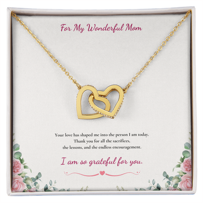 For My Wonderful Mom Interlocking Heart Necklace - White or Yellow Gold