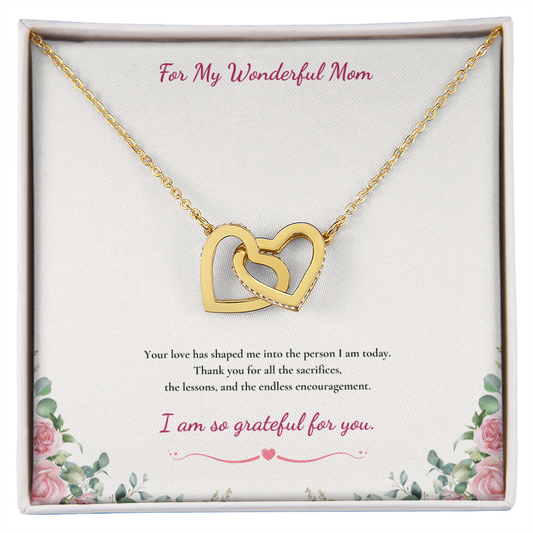 For My Wonderful Mom Interlocking Heart Necklace - White or Yellow Gold