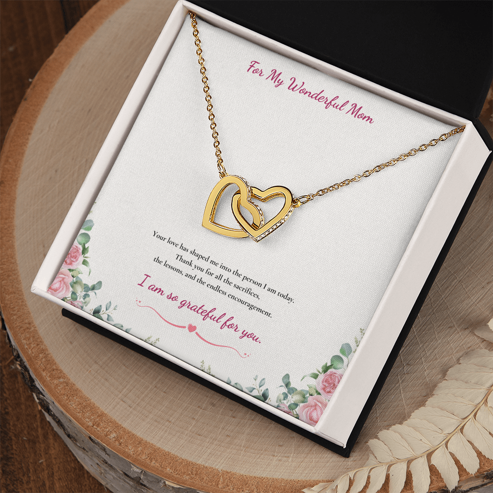 For My Wonderful Mom Interlocking Heart Necklace - White or Yellow Gold