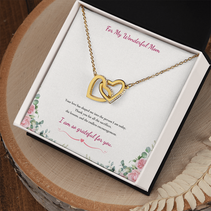 For My Wonderful Mom Interlocking Heart Necklace - White or Yellow Gold