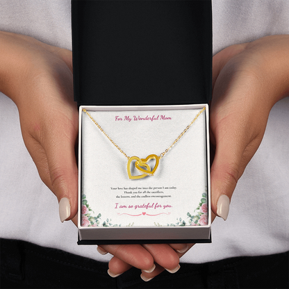For My Wonderful Mom Interlocking Heart Necklace - White or Yellow Gold