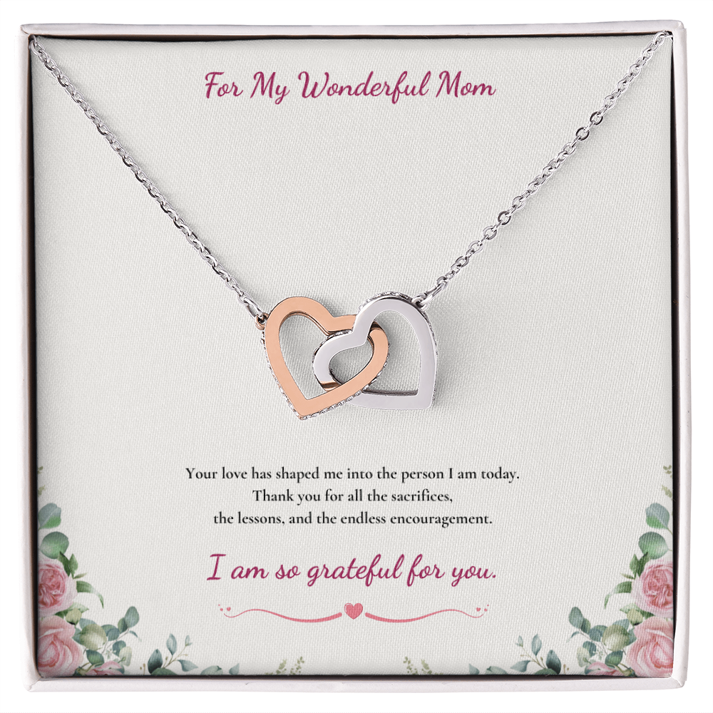 For My Wonderful Mom Interlocking Heart Necklace - White or Yellow Gold