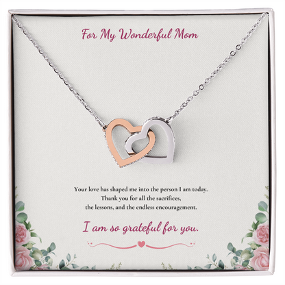 For My Wonderful Mom Interlocking Heart Necklace - White or Yellow Gold