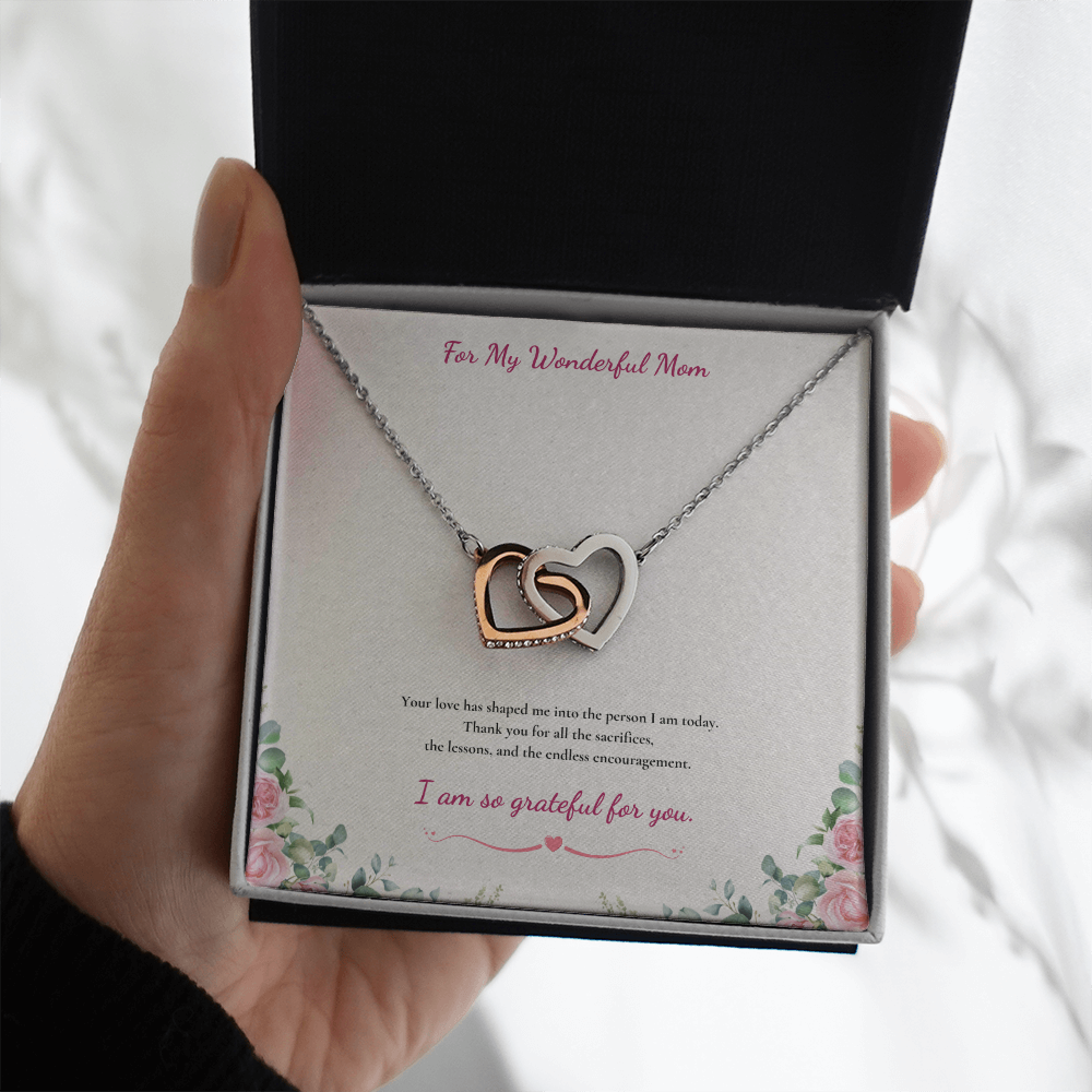 For My Wonderful Mom Interlocking Heart Necklace - White or Yellow Gold