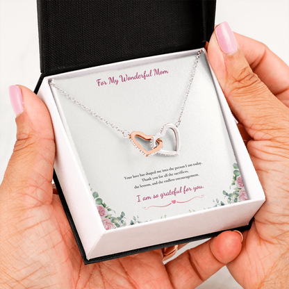 For My Wonderful Mom Interlocking Heart Necklace - White or Yellow Gold