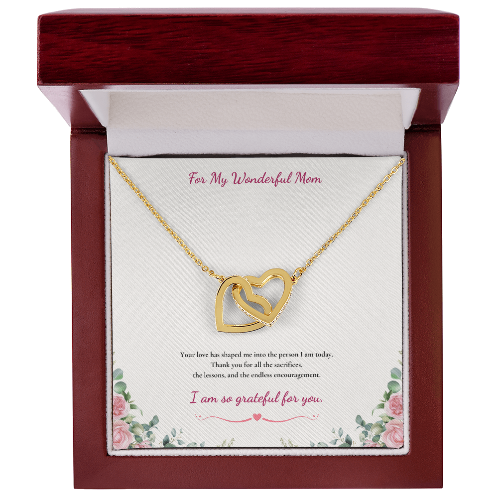 For My Wonderful Mom Interlocking Heart Necklace - White or Yellow Gold