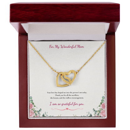 For My Wonderful Mom Interlocking Heart Necklace - White or Yellow Gold