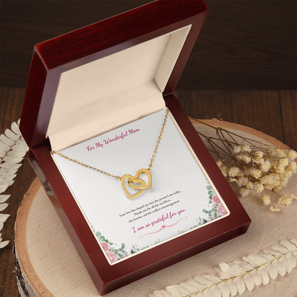 For My Wonderful Mom Interlocking Heart Necklace - White or Yellow Gold