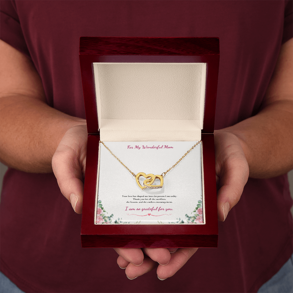 For My Wonderful Mom Interlocking Heart Necklace - White or Yellow Gold