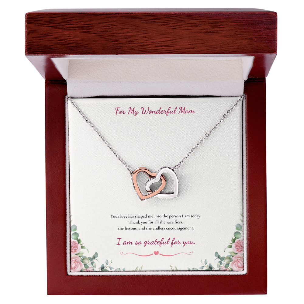 For My Wonderful Mom Interlocking Heart Necklace - White or Yellow Gold