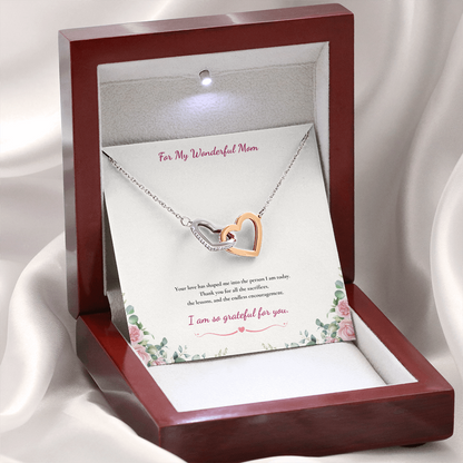 For My Wonderful Mom Interlocking Heart Necklace - White or Yellow Gold
