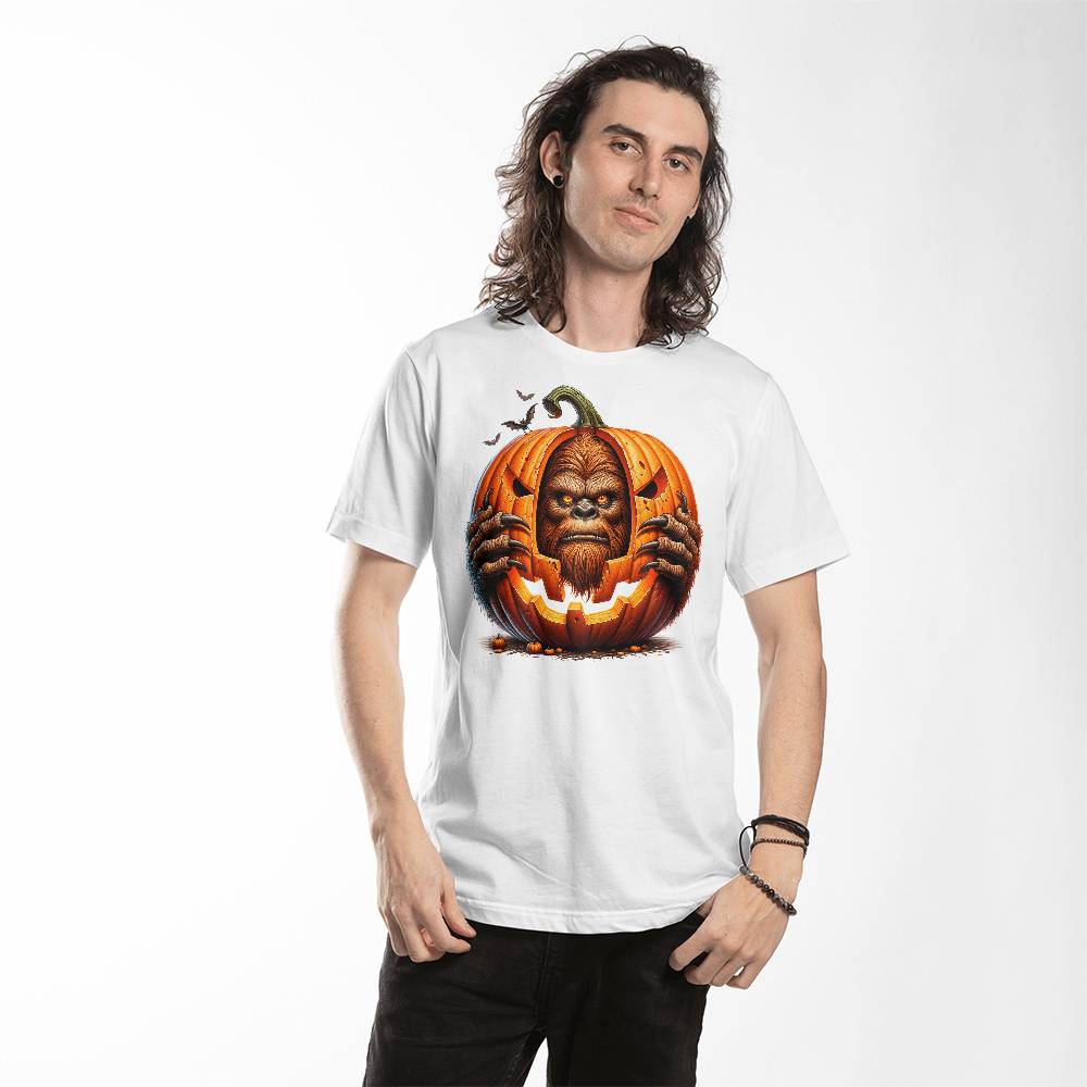 Bigfoot Peeking Through Pumpkin Halloween Unisex T-Shirt