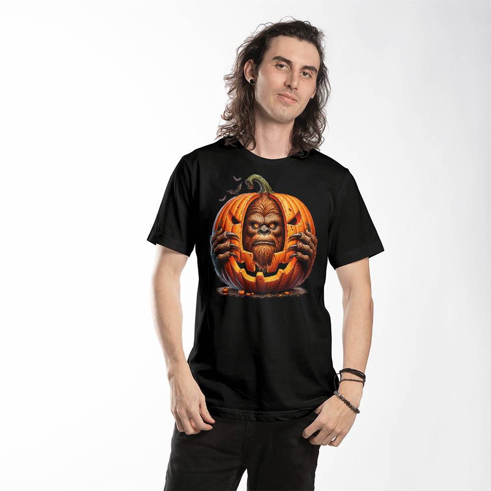 Bigfoot Peeking Through Pumpkin Halloween Unisex T-Shirt