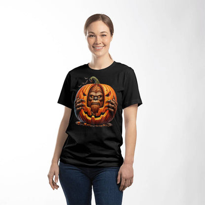 Bigfoot Peeking Through Pumpkin Halloween Unisex T-Shirt