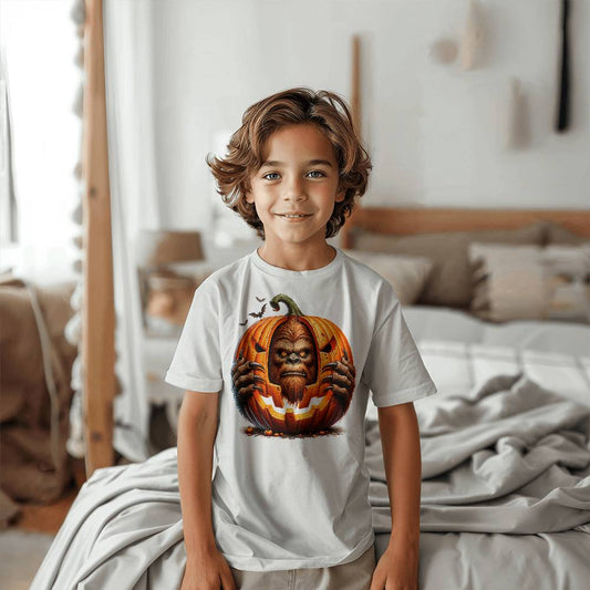 Bigfoot Peeking Through Pumpkin Halloween Youth Unisex T-Shirt