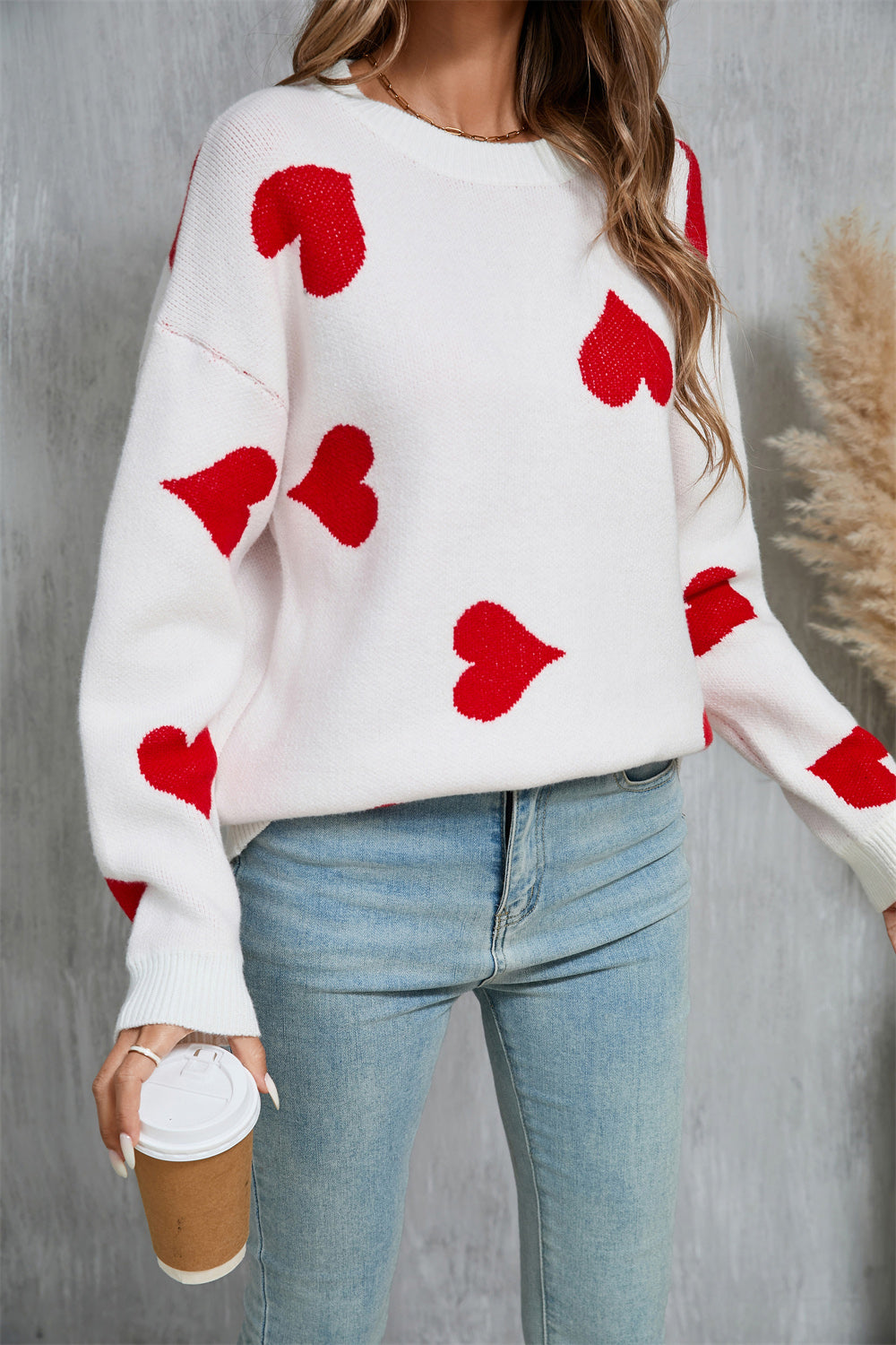 Angel Wings Heart Round Neck Dropped Shoulder Sweater