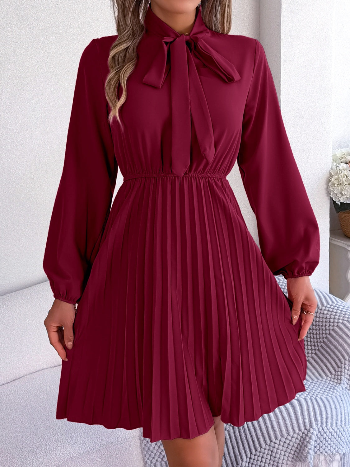 strapless open back dress Wholesale MOQ6 Tie Neck Balloon Sleeve Pleated Dress