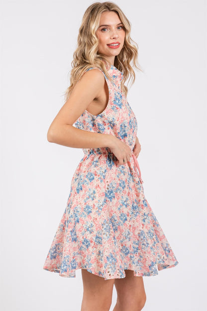 GeeGee Full Size Floral Eyelet Sleeveless Mini Dress