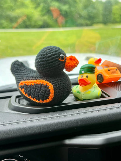 Handmade Crochet Rubber Duck - Black w/ Orange Accents - 4"