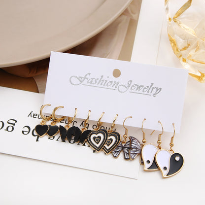 5-Piece Gold Earring Set with Black Butterflies & Hearts – Elegant and Stylish Charm Collection