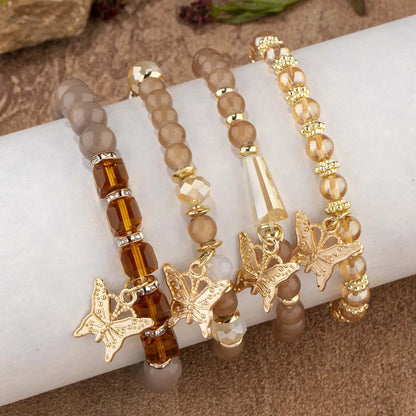 4-Piece Bohemian Butterfly Charm Bracelet Set – Crystal Beads & Stylish Layered Design