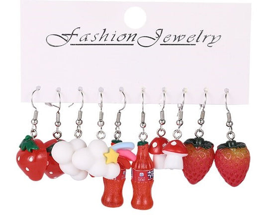 Whimsical 5-Piece Earring Set – Strawberries, Mushrooms, Rainbow, Clouds & Soda Bottle Charms