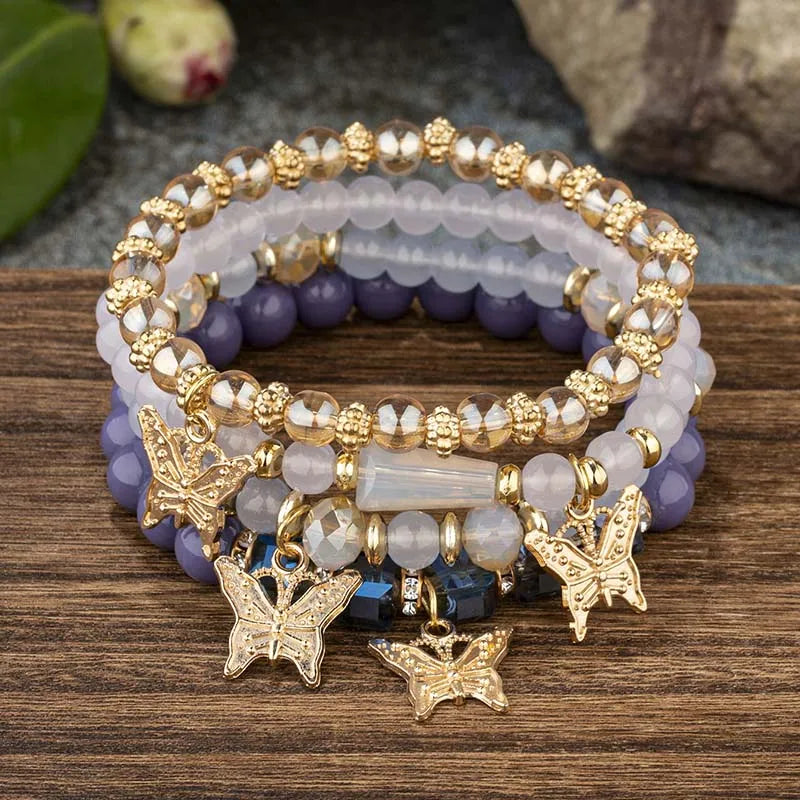 4-Piece Bohemian Butterfly Charm Bracelet Set – Crystal Beads & Stylish Layered Design