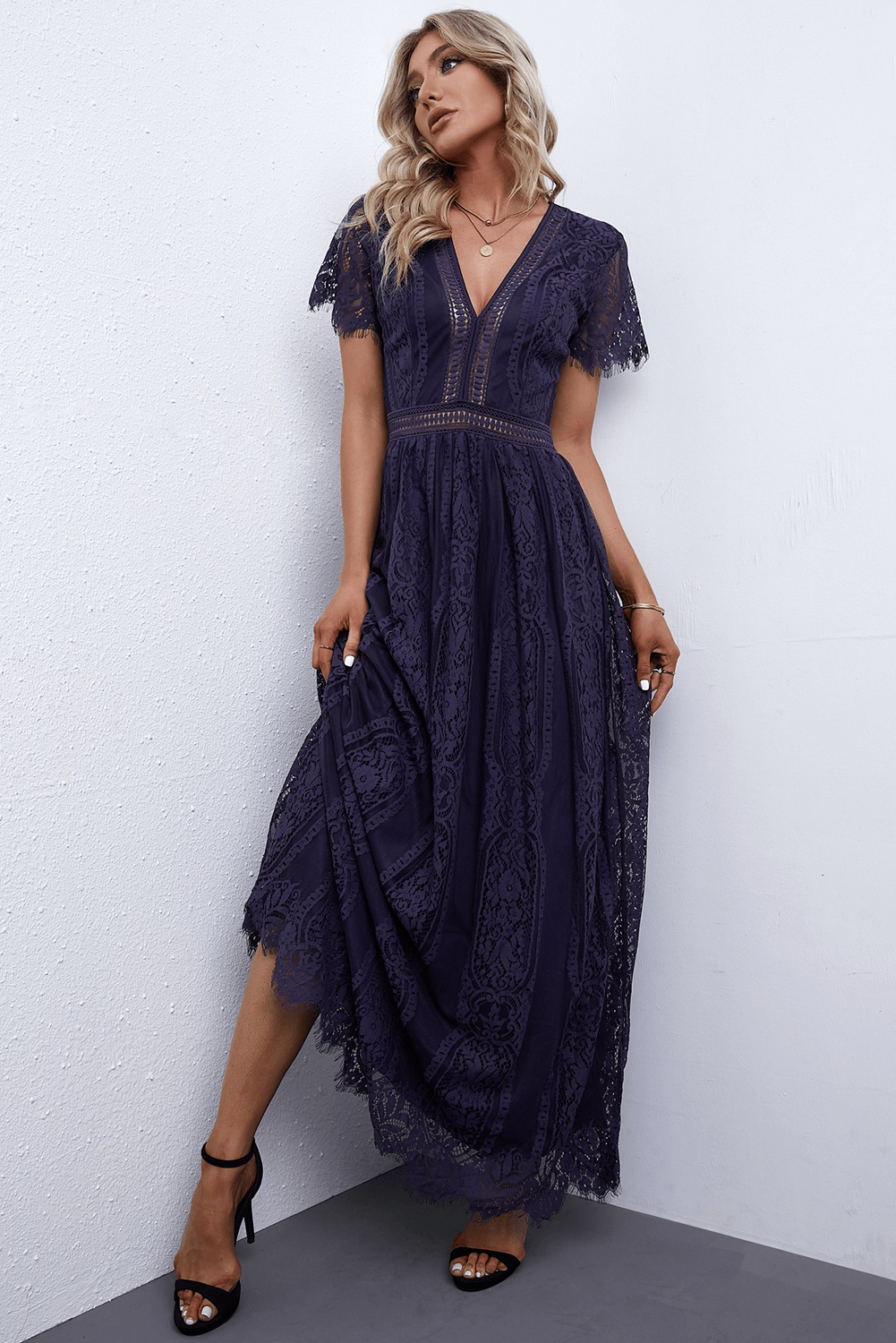 Scalloped Trim Lace Plunge Dress The Enchanted Coach, LLC Scalloped Trim Lace Plunge Dress The Enchanted Coach, LLC