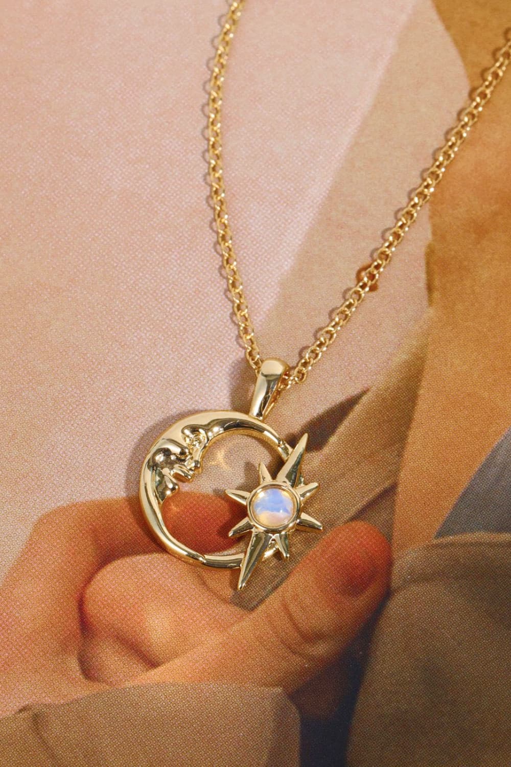 Copper 14K Gold Plated Moon & Star Shape Pendant Necklace